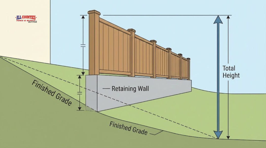 Illustration showing how Riverside measures fence height from finished grade, including walls and total combined height.