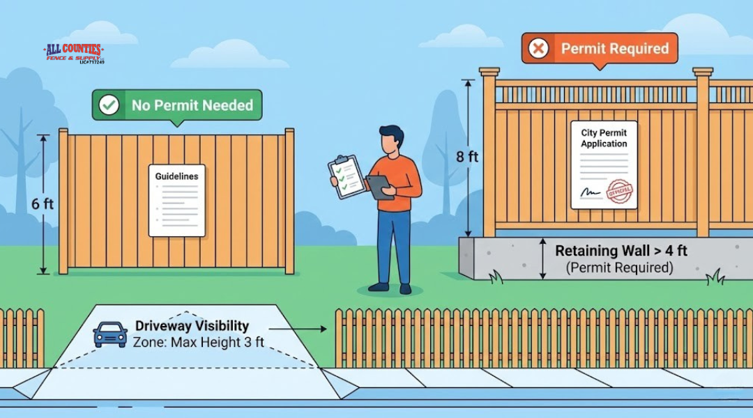 Diagram showing when Riverside homeowners need a fence permit based on height, location, and added structures.