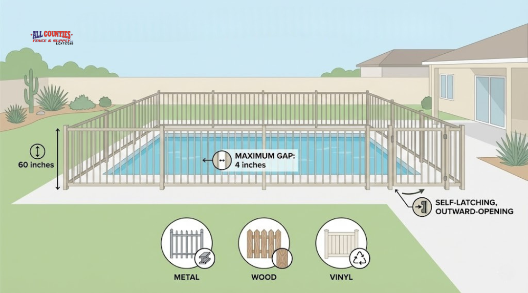 Riverside pool fence regulation infographic showing required 60-inch height, safe gap spacing, and compliant gate standards for residential pools.