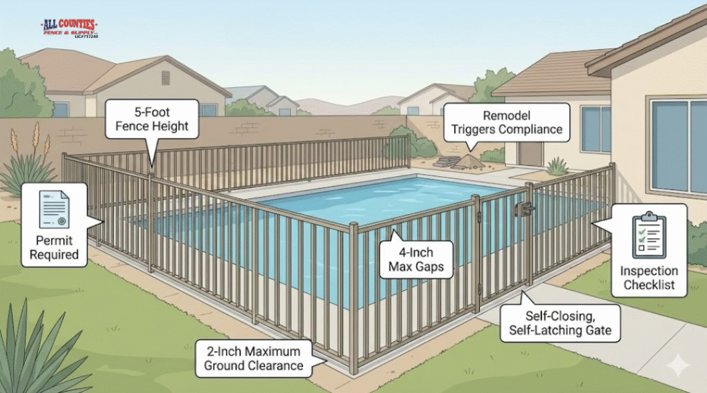 Riverside residential pool with SB442-compliant 5-foot fence, proper spacing, and inspection requirements illustrated.