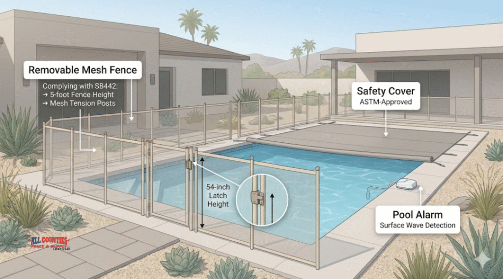 Illustration of SB442-approved pool safety measures including mesh fencing, safety cover, and pool alarm for Riverside homes.