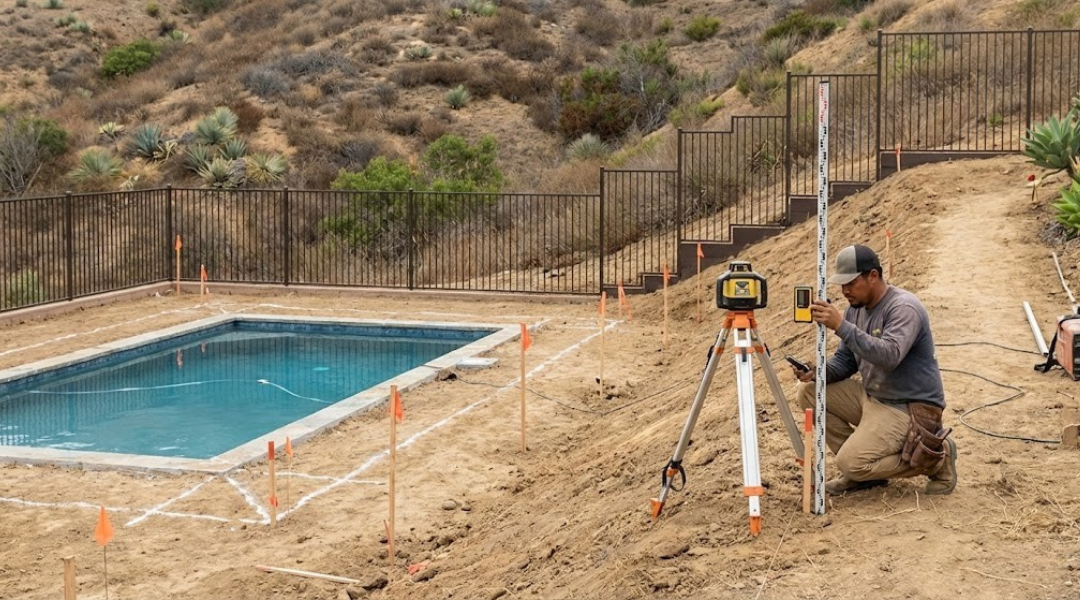 Identifying the controlling grade around a sloped pool perimeter to measure fence height compliance