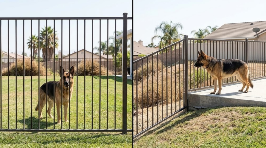 Comparison showing how a 6-foot fence on a slope or raised patio creates a lower effective containment height for dogs