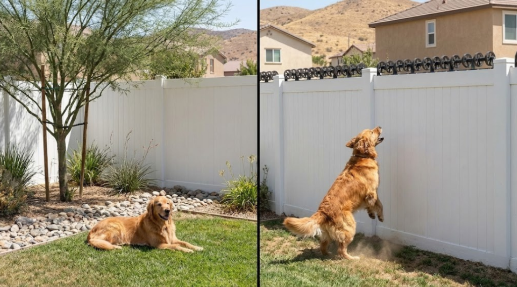 Two golden retrievers with different behavior levels showing why individual dog behavior matters more than breed averages when choosing fence height