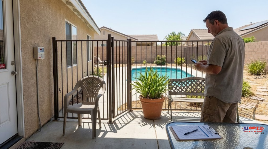 Human behavior affecting pool safety layers, showing a propped gate, inactive alarm, and climbable objects near a residential pool fence.