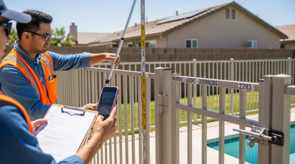 Inspector re-measuring pool fence height and documenting borderline compliance during a Riverside County inspection
