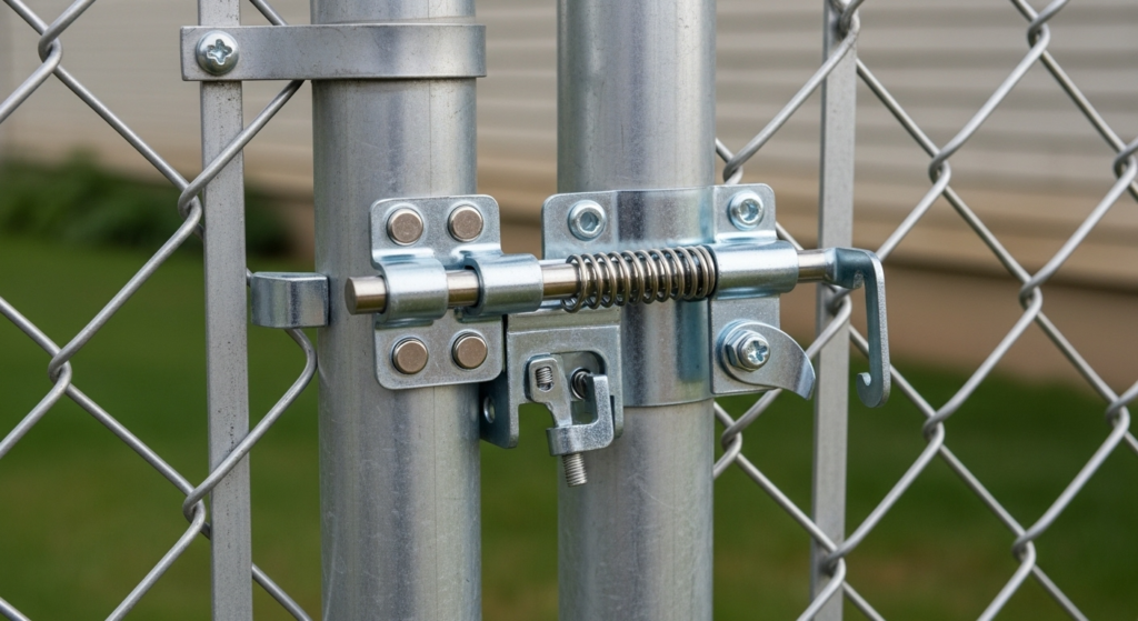 Spring-loaded magnetic gate latch mounted high resisting pet nudging and jumping attempts.