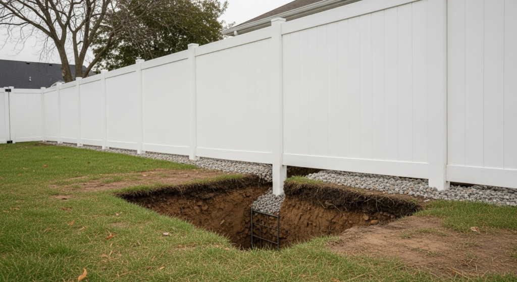 Vinyl panel fence with 4-6 inch buried base and gravel reinforcement preventing dog digging.