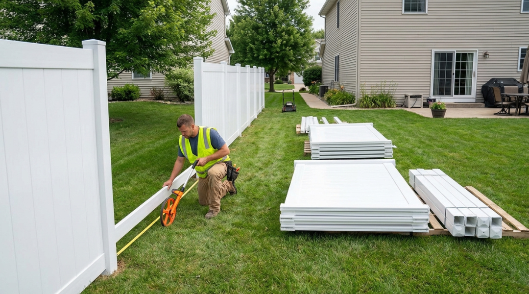 Professional outdoor scene of a residential backyard with a partially installed vinyl fence on level ground, contractor measuring linear footage with a measuring wheel along a straight fence line, visible stacked fence panels and posts nearby, clear access for equipment, suburban home in background, eye-level camera angle slightly angled to capture fence line depth, natural daylight with soft shadows, neutral color balance, realistic textures on grass and vinyl panels, calm and practical mood, no text in image, no watermarks, high resolution, professional photography style, aspect ratio 16:9