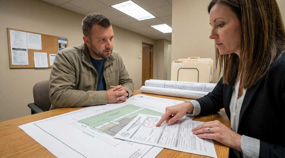 Homeowner submitting fence permit plans at local building department with site layout and paperwork