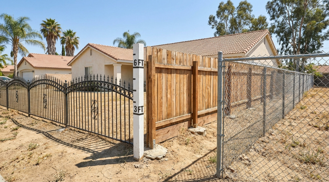 Fence height and material comparison in Riverside CA showing 3 foot wrought iron, 6 foot wood privacy, and chain link fence options