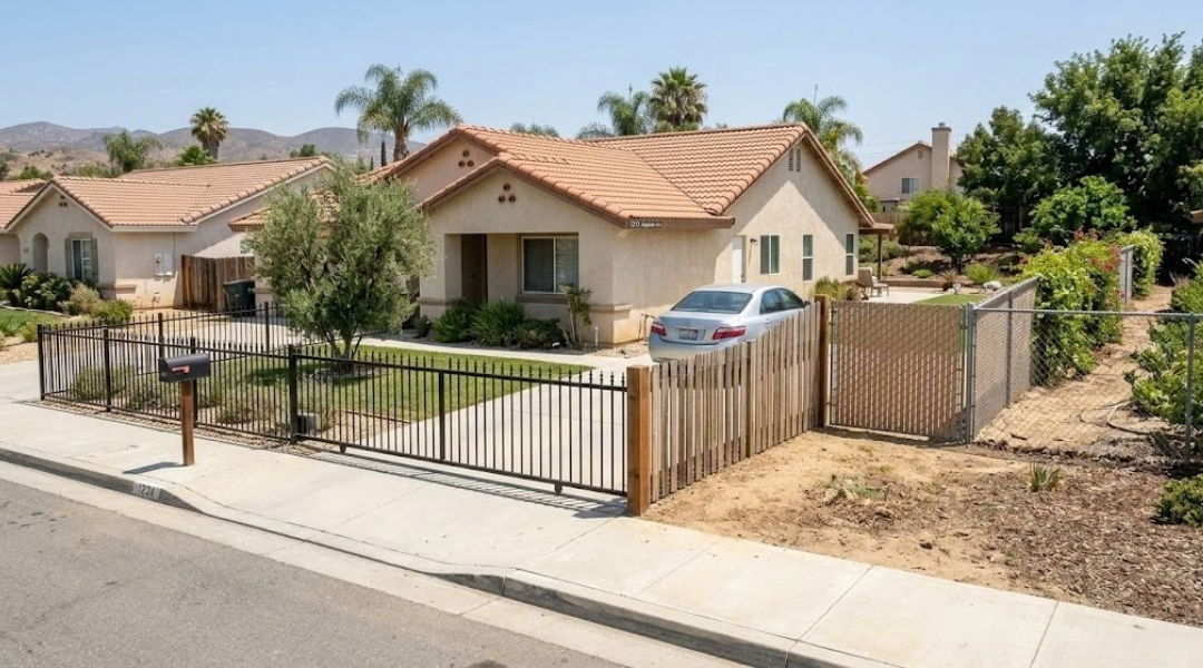 Hybrid fence installation in Riverside CA with aluminum front fence and chain link backyard with privacy slats
