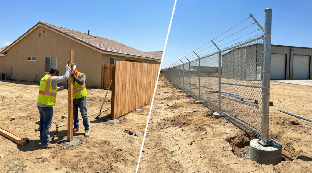 Residential vs commercial fence installation comparison in Riverside CA showing wood backyard fence and tall commercial chain link security fence