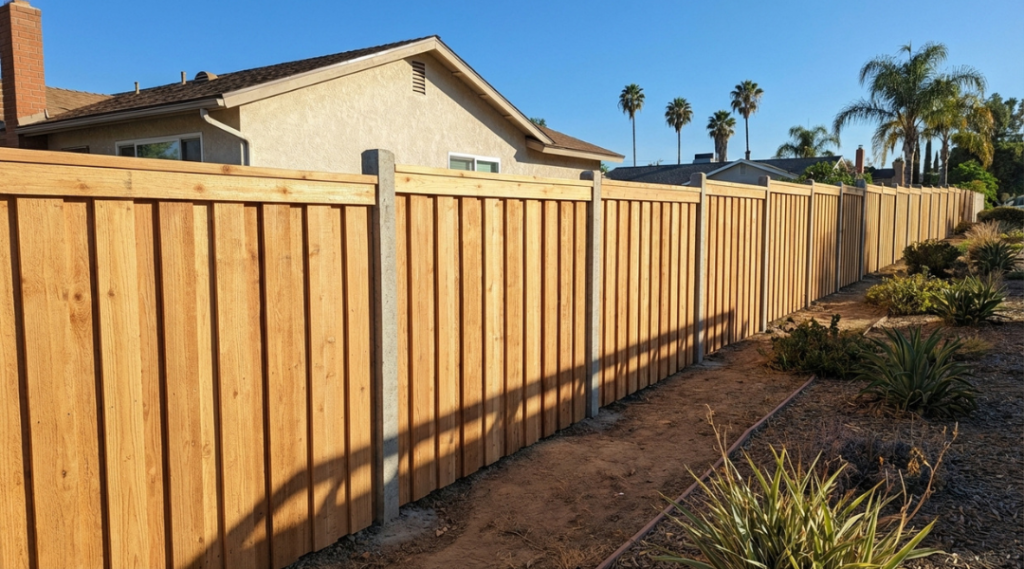 6-foot cedar wood privacy fence installation in Riverside showing board-on-board construction and straight post alignment