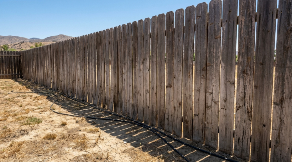 Wood privacy fence in Southern California showing board shrinkage gaps and warping from dry summer conditions