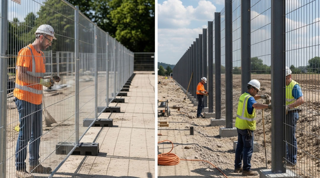 Temporary and permanent construction fencing showing anchoring methods and installation timelines on an active job site