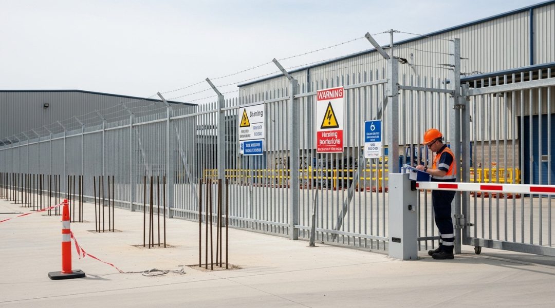 Compliant industrial perimeter fencing with grounding, inspection setup, and safety features in a regulated industrial zone