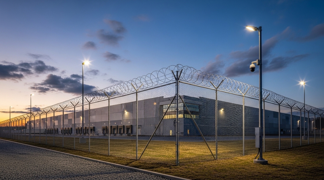 Tall warehouse security fence with anti-climb design and layered deterrents including lighting and surveillance in Inland Empire