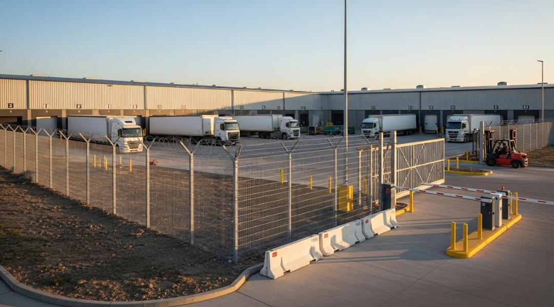 Reinforced warehouse security fencing in Inland Empire with anti-ram barriers and controlled access points for industrial protection