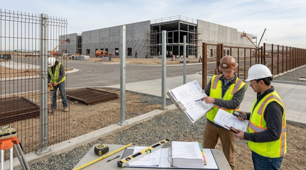 Commercial fence regulatory compliance inspection showing code standards, materials review, and construction approval process