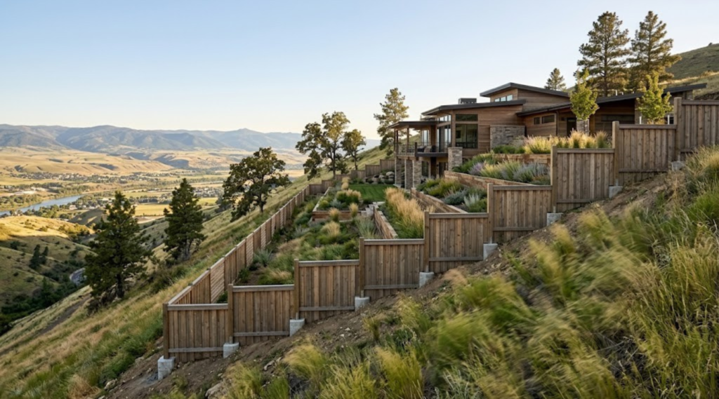 Hillside fence design on steep slope with staggered layout to reduce wind pressure and improve stability in high wind areas