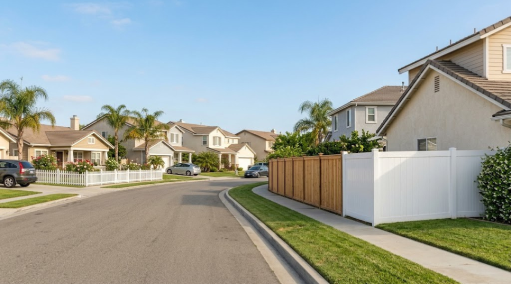 HOA compliant fences in Riverside showing height limits and approved materials like wood and vinyl in residential neighborhoods
