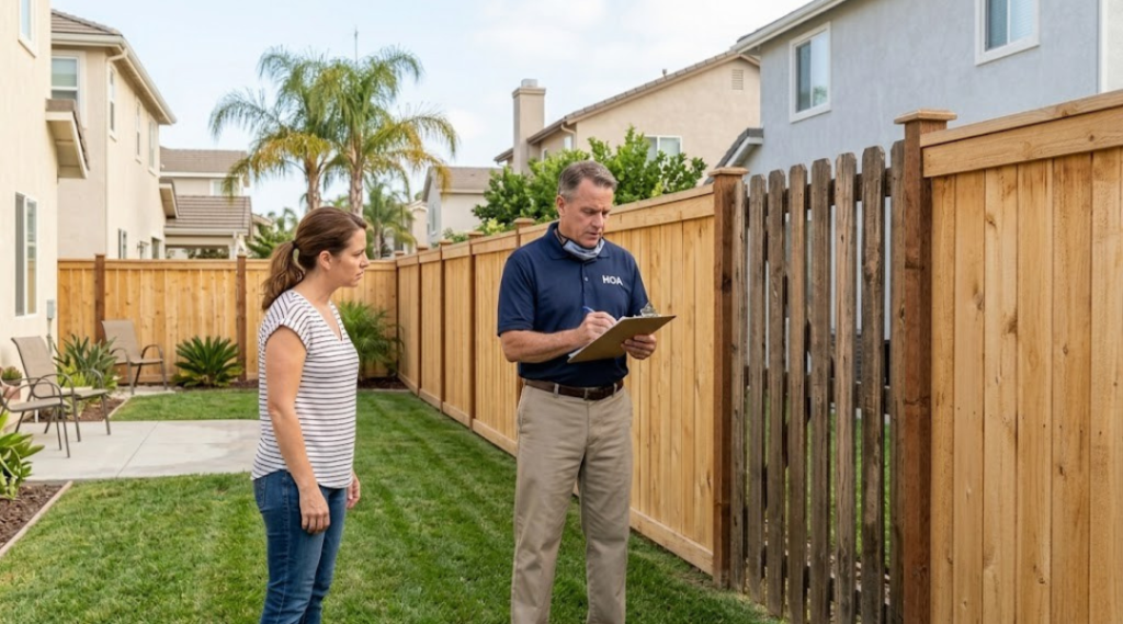 HOA fence inspection in Riverside showing compliance check and potential violations after installation in residential property