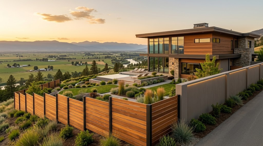 Horizontal slat and stucco fence design balancing open views and privacy in a hillside Canyon Crest style property