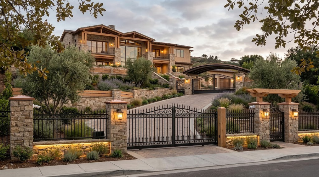 Layered fence system with iron fencing and lighting providing security without affecting curb appeal in Alessandro Heights homes