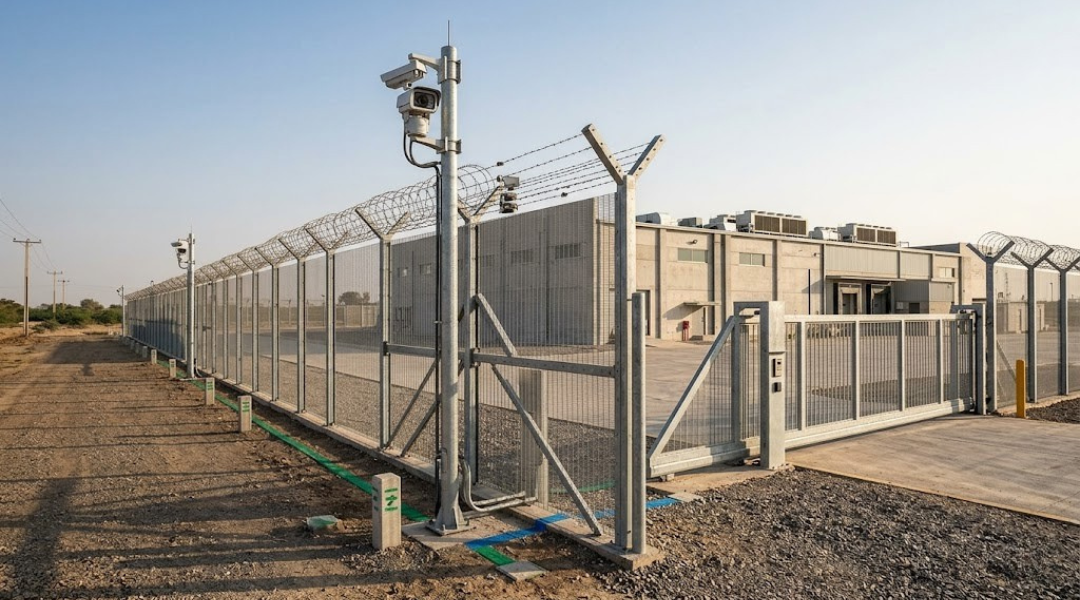 High security commercial fence specification showing anti climb mesh, surveillance systems, and controlled access infrastructure