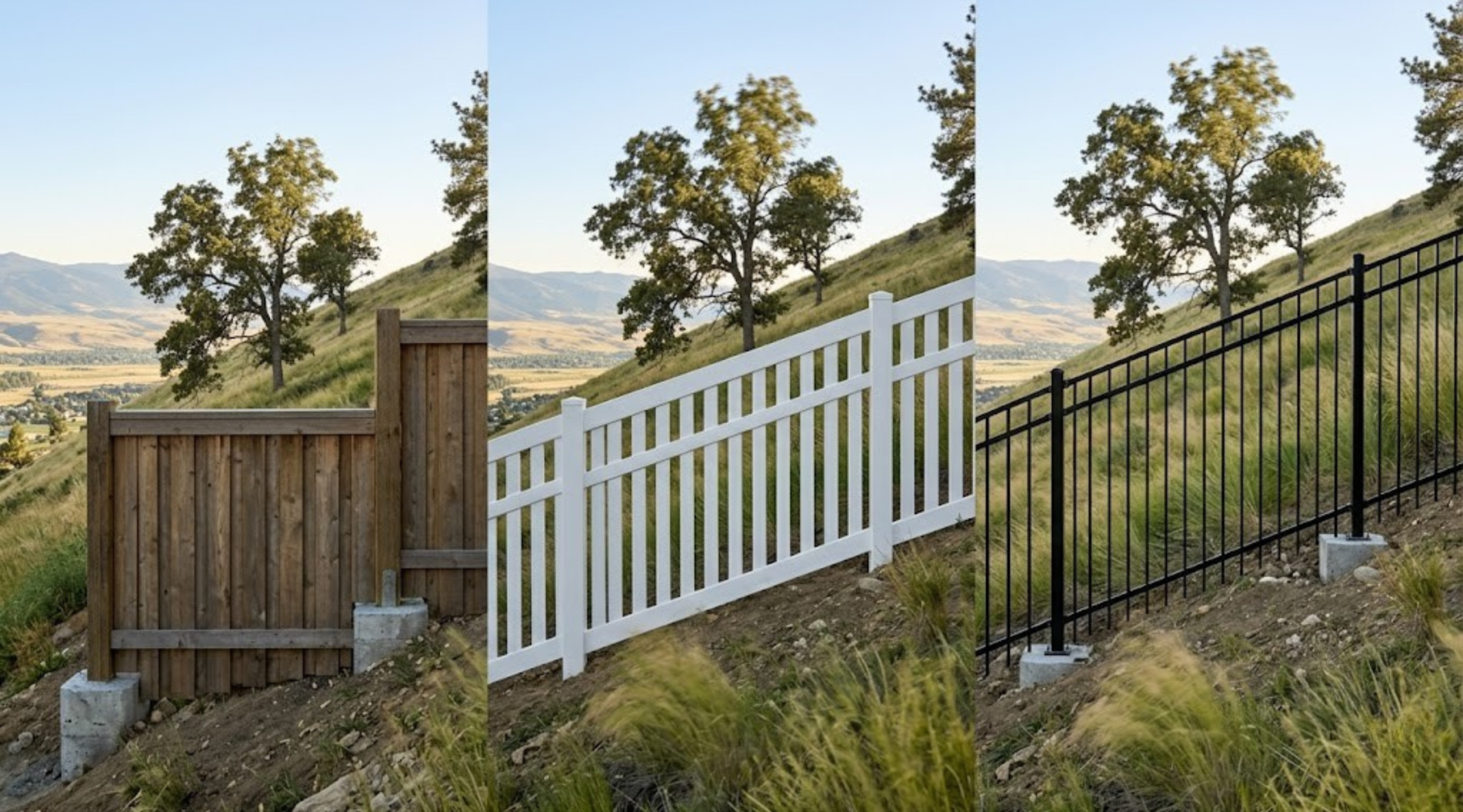Comparison of wood, vinyl, and metal fences on hillside showing airflow design and wind resistance performance