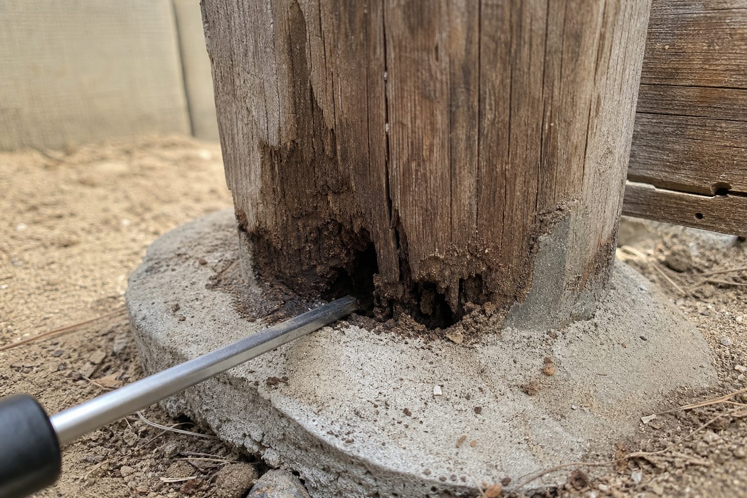 Screwdriver probe test on a wood fence post at grade revealing rot at the concrete collar