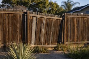 Weathered wood privacy fence in a Riverside backyard with one leaning damaged section