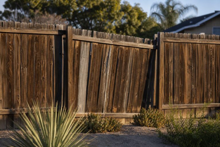 Weathered wood privacy fence in a Riverside backyard with one leaning damaged section