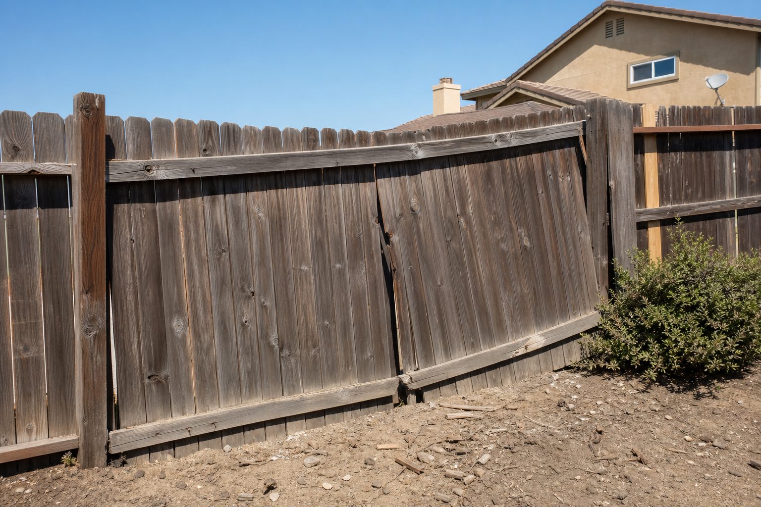 Wood privacy fence panel racked out of square by Santa Ana wind damage in Riverside County